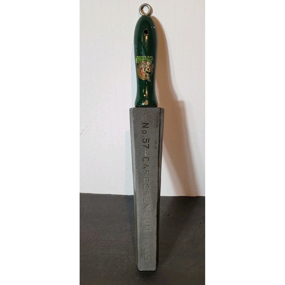 Vintage Carborundum Brand No. 57 Sharpening Stone File Green Handle 10" Stone